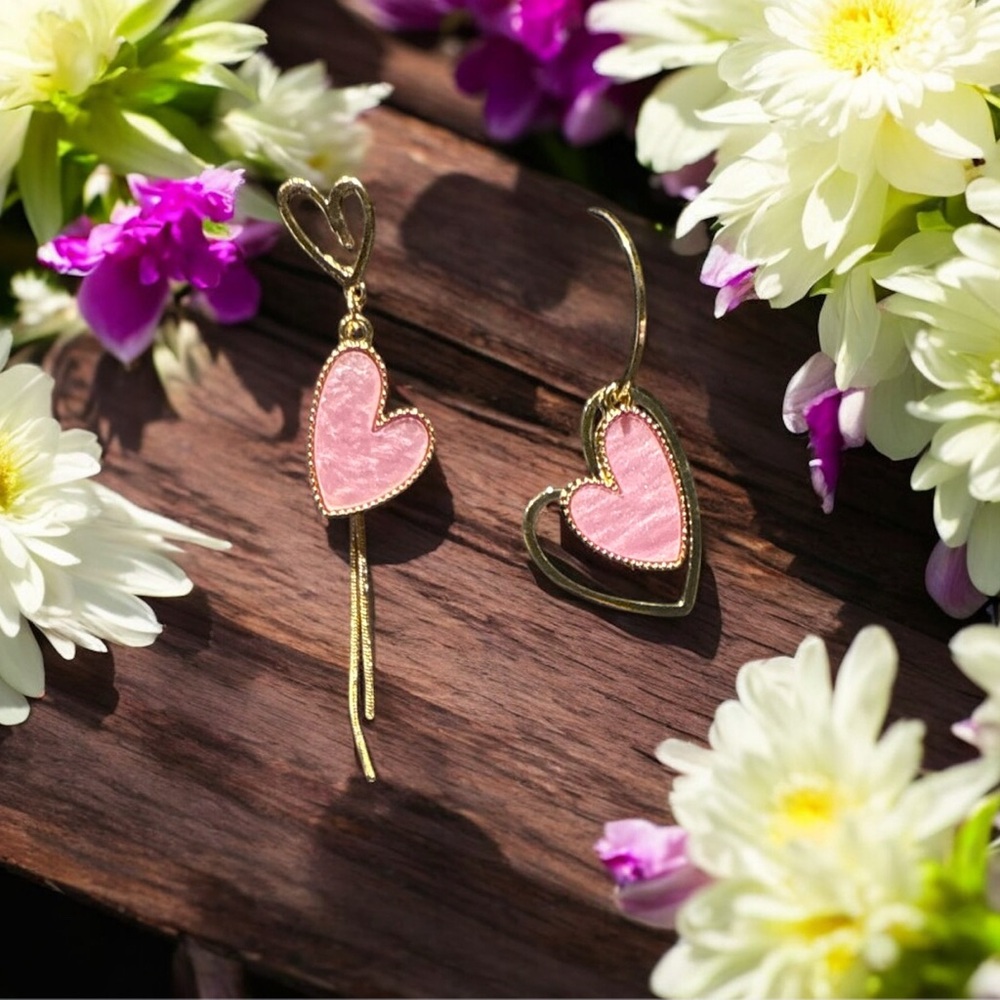Gold and Pink Heart Earrings